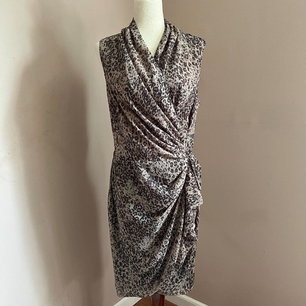 AllSaints Cancity Patched Ruched Wrap Dress Leopard Print Draped Midi Edgy Sz 10